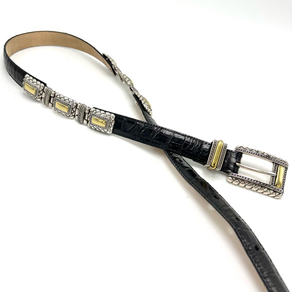 Vintage 90s Brighton Statement Concho Belt M 29-33 Black Croc Embossed Leather